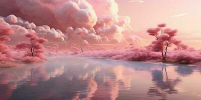 Generative AI, Pink magenta fantastic clouds, sky and landscape. Gentle colors and with bright lights photo