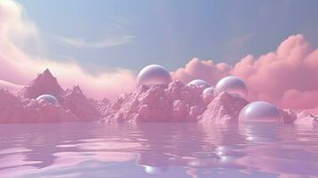 Generative AI, Pink magenta fantastic clouds, sky and landscape. Gentle colors and with bright lights photo