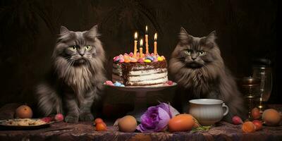 Generative AI, Cat birthday party, cake with a candles photo