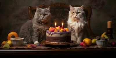 Generative AI, Cat birthday party, cake with a candles photo