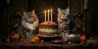 Generative AI, Cat birthday party, cake with a candles photo