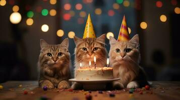 Generative AI, Cat birthday party, cake with a candles photo