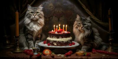 Generative AI, Cat birthday party, cake with a candles photo