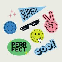 An awesome collection of vibrant, modern, and retro stickers. Spread good vibes with bold, bright, and edgy designs. Perfect for adding a touch of creativity and positive energy to your projects vector