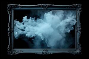 Generative AI, Blue flowing smoke around empty vintage beautiful frame. Copy space, frame mock up blank photo