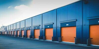 Generative AI, Mini colorful metal self storage facilities rental units, warehouse exterior, industry garage building. photo