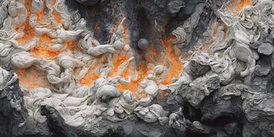 Generative AI, detailed close-up hot white and grey lava flow, magma texture of volcanic background. photo