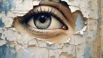 Generative AI, Woman eye looking through a torn hole in vintage paper, blue and beige colors mural. Painted hyperrealistic female art. photo