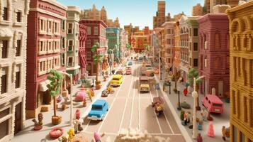 Generative AI, cute street made of crochet, houses, trees, road, cars. Soft colors, dreamy scene cityscape made of crochet materials, wool, fabric, yarn, sewing for background photo