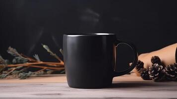 , Black ceramic cup set-up in at home interior, mug mock up blank. photo