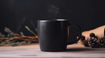 Generative AI, Black ceramic cup set-up in at home interior, mug mock up blank. photo