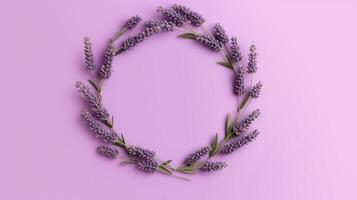 Generative AI, wreath of lavender branches flowers with copy space, natural organic floral frame violet background photo