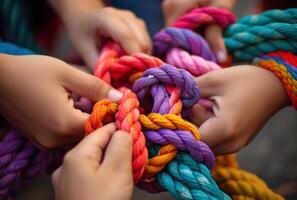 , peoples hands working together to untangle a knotted rope. Business teamwork. photo