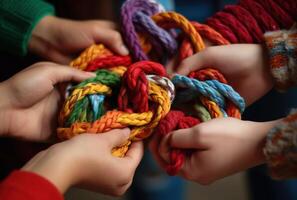 , peoples hands working together to untangle a knotted rope. Business teamwork. photo