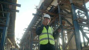 un ingeniero supervisa la carretera construcción, comandos con walkie-talkie radio comunicación casco trabajando en peaje construcción sitio. video