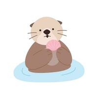 A sea otter holding a shell and sticking its face out of the water. flat vector illustration.