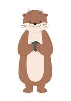 A cute otter standing holding a boulder. flat vector illustration.