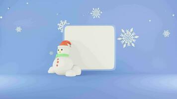 3d animado invierno ventas social medios de comunicación enviar modelo con blanco podio, copo de nieve y muñeco de nieve, increíble para viaje agencias, producto promoción, Navidad y nuevo año saludos. video