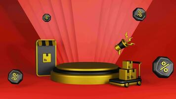 Red podium with golden hoop. Etal is futuristic with a platform to display products. The empty stage is suitable for the Chinese New Year campaign. video