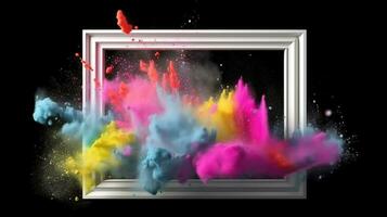 Generative AI, Frame with colorful holi powder paint explosion, creative splash, multicolor cloud photo