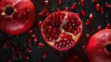 Generative AI, Macro Fresh Juicy half and whole of pomegranate fruit background as pattern. Closeup photo with drops of water