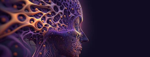 , Conceptual illustration of neuron cells with glowing link knots in abstract dark space, high resolution. Human nervous system, neural network photo