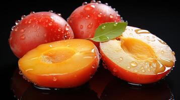 Generative AI, bright slice of juicy ripe apricot and water drops, macro of summer fruit photo