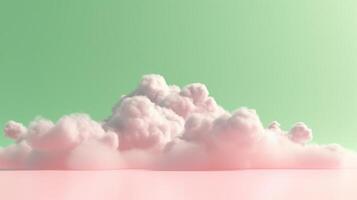 Generative AI, Pink and green fantastic 3d clouds on the floor, sky and landscape. Gentle colors and with bright lights. photo