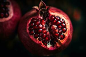 generativo ai, macro Fresco jugoso medio de granada Fruta antecedentes. de cerca foto