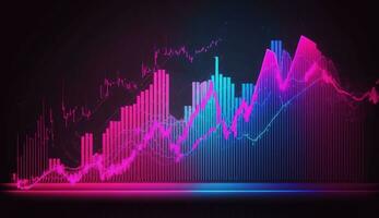 Generative AI, stock market chart lines, financial graph on technology in blue and pink neon colors, financial meltdown. Technology concept, trading market concept. photo