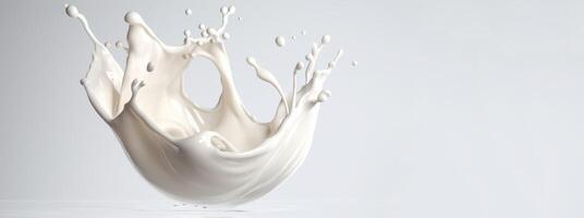 Generative AI, Flowing liquid with splashes in white color. Glossy creamy milk fluid banner, 3D effect, modern macro photorealistic abstract background illustration photo