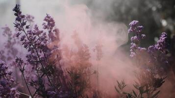 Generative AI, Close up growing lavender field with perfume smoke, flowering lavandula, pink purple flowers and grass. photo