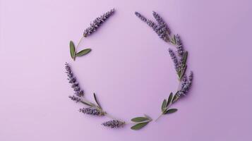 Generative AI, wreath of lavender branches flowers with copy space, natural organic floral frame violet background photo