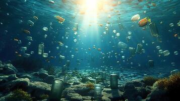 Generative AI, Plastic carrier bags, bottles and other garbage pollution in ocean. Environment concept photo