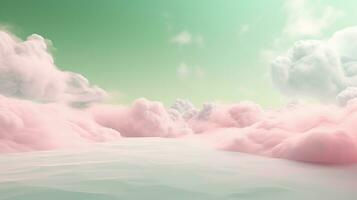 Generative AI, Pink and green fantastic 3d clouds on the floor, sky and landscape. Gentle colors and with bright lights. photo