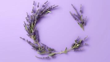 Generative AI, wreath of lavender branches flowers with copy space, natural organic floral frame violet background photo