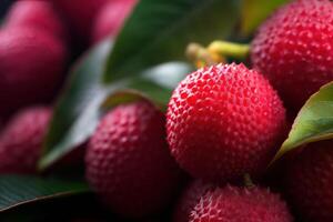 Generative AI, Macro Fresh Juicy of lychee fruit background. Closeup photo, summer Thailand food. photo