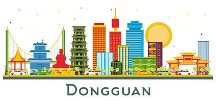 Dongguan China City Skyline with Color Buildings Isolated on White. vector