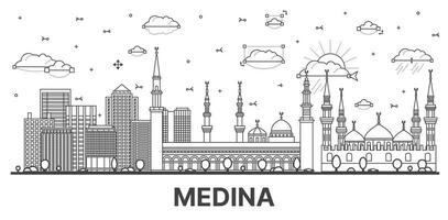 contorno medina saudi arabia ciudad horizonte con moderno y histórico edificios aislado en blanco. vector