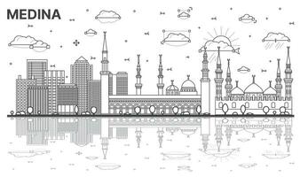 Outline Medina Saudi Arabia City Skyline with Reflections and Historic Buildings Isolated on White. vector