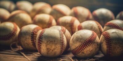 Generative AI, Rough and rugged texture of old baseball balls close up on vintage background photo