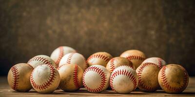 generativo ai, áspero y escabroso textura de antiguo béisbol pelotas cerca arriba en Clásico antecedentes foto