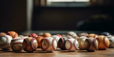 Generative AI, Rough and rugged texture of old baseball balls close up on vintage background photo