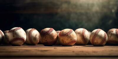 generativo ai, áspero y escabroso textura de antiguo béisbol pelotas cerca arriba en Clásico antecedentes foto