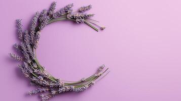 Generative AI, wreath of lavender branches flowers with copy space, natural organic floral frame violet background photo