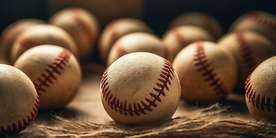 generativo ai, áspero y escabroso textura de antiguo béisbol pelotas cerca arriba en Clásico antecedentes foto