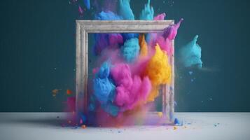 Generative AI, Frame with colorful holi powder paint explosion, creative splash, multicolor cloud photo