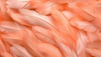 Generative AI, Beautiful light orange, apricot color closeup feathers, photorealistic background. Small fluffy orange feathers randomly scattered forming photo