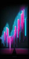 Generative AI, stock market chart lines, financial graph on technology in blue and pink neon colors, financial meltdown. Technology concept, trading market concept. photo