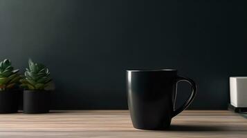 Generative AI, Black ceramic cup set-up in at home interior, mug mock up blank. photo